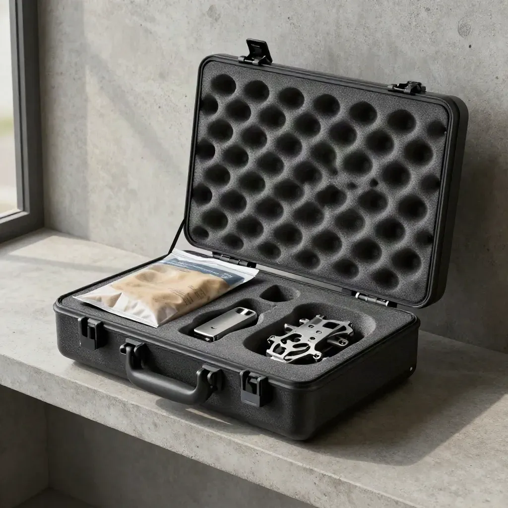 Open foam shipping case with parts bag and thumb drive on a concrete shelf.