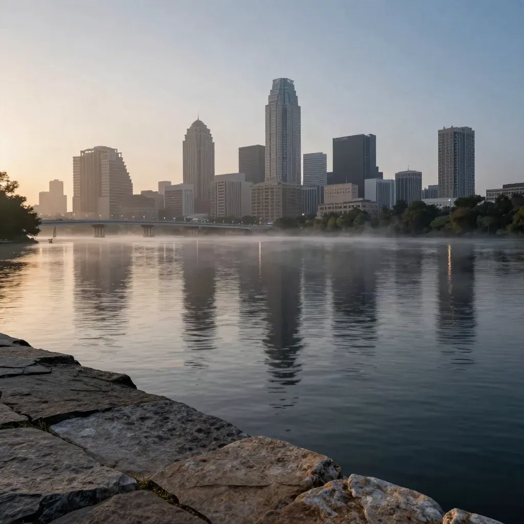 Austin skyline over Lady Bird Lake in mist, with calm water and bridge lights at blue hour.
