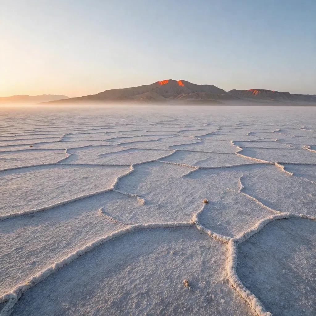 Salt flat at dawn with distant mesas, frost haze, and a faint orange horizon glow