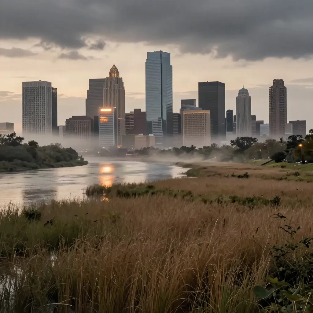 Houston skyline over Buffalo Bayou at dusk, marsh and mist beneath a high cloud deck.