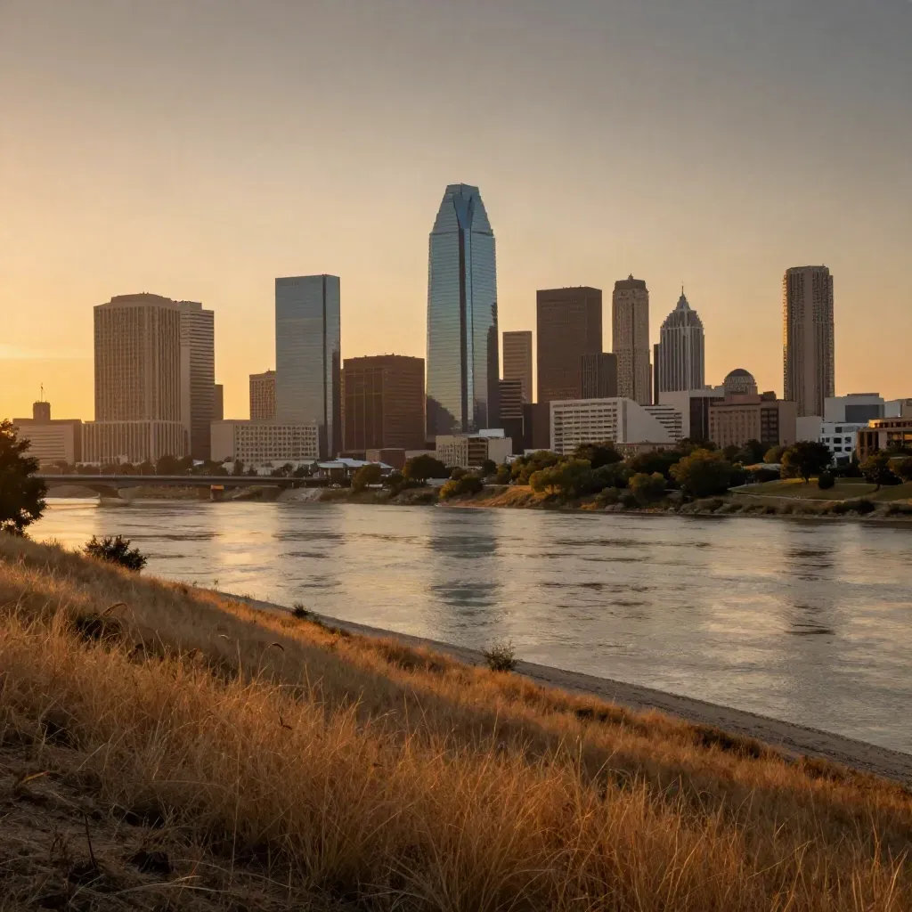Dallas–Fort Worth skyline above the Trinity floodplain at golden hour, with a grassy bluff foreground.