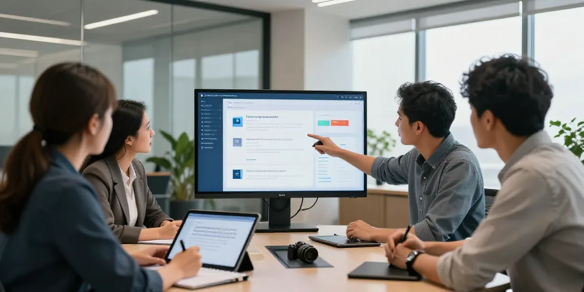 Team discussing AI tools for follow up emails in a modern office.