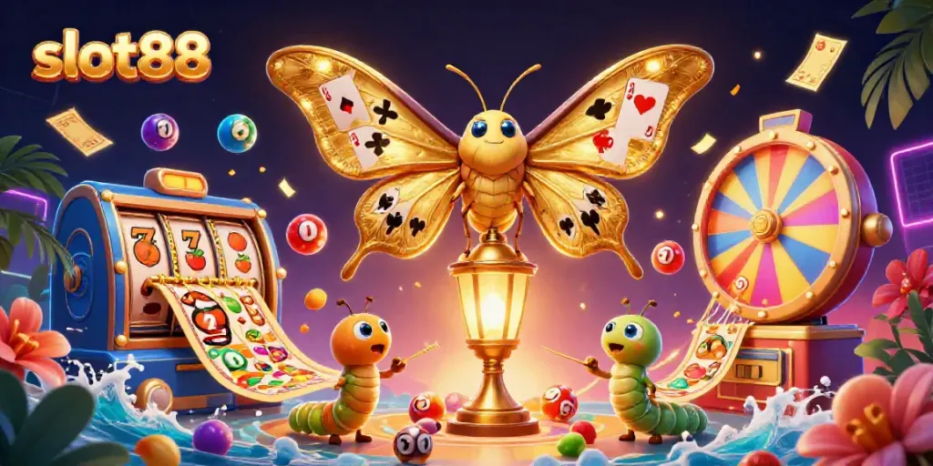 Engaging scene depicting slot88 with vibrant 3D casino elements and a golden atlas moth