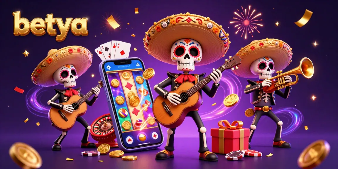 Engage with Betya’s vibrant 3D mariachi illustration celebrating casino games like roulette and slots.