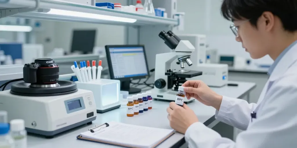 Researcher inspecting BPC peptides in a scientific lab, focused on purity and precision.