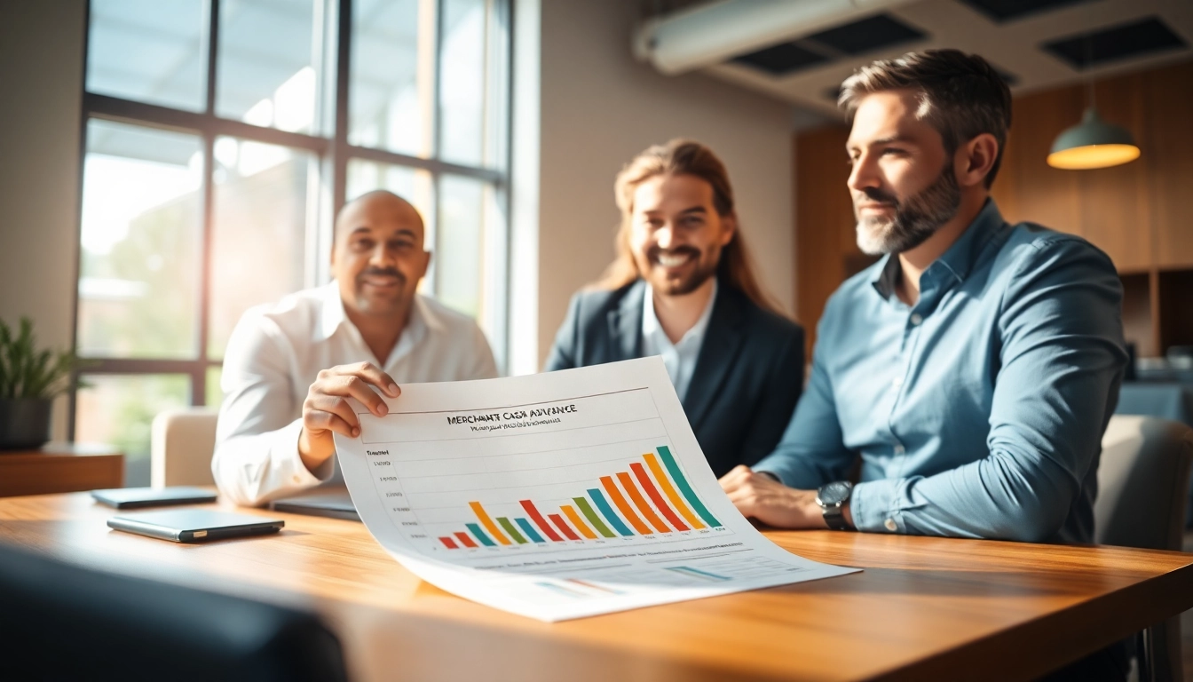 View of a business meeting discussing cheap / lowest rate merchant cash advance options with financial charts.