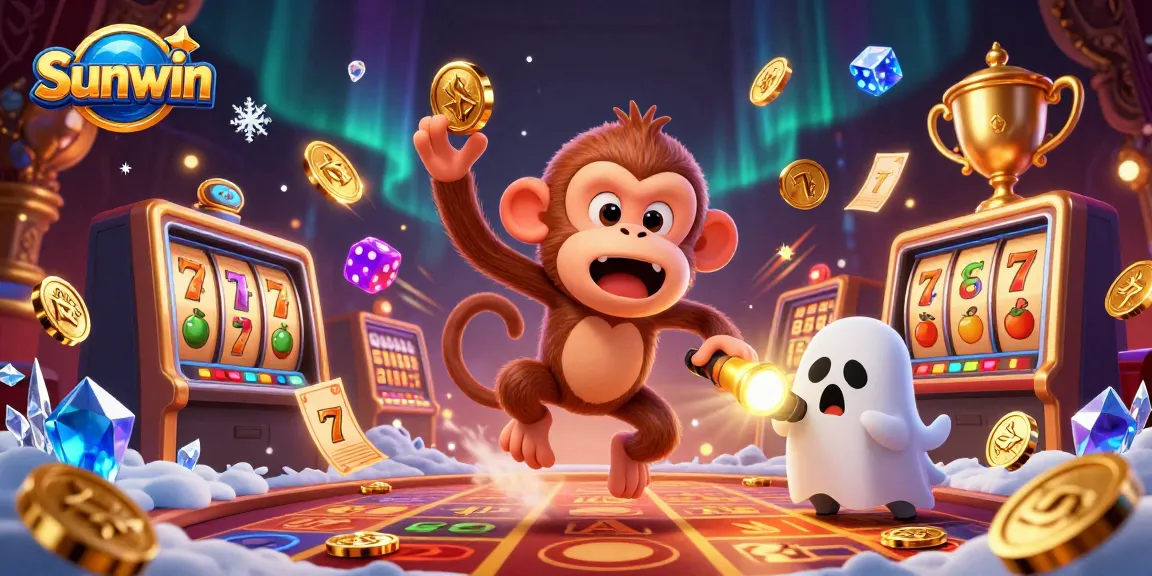Experience thrilling casino excitement with Sunwin's playful poltergeist monkey juggling golden coins and cards.