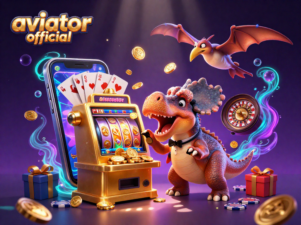 Aviator official game scene with cartoon dinosaurs and slot machine action, capturing gaming excitement.