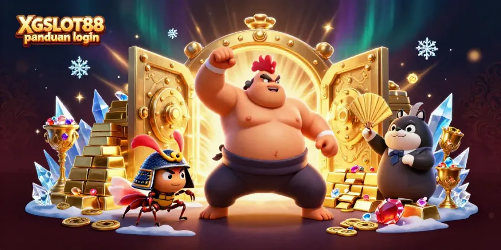 XGSLOT88 panduan login dengan ilustrasi karakter permainan kasino yang dinamis dan kaya detail.