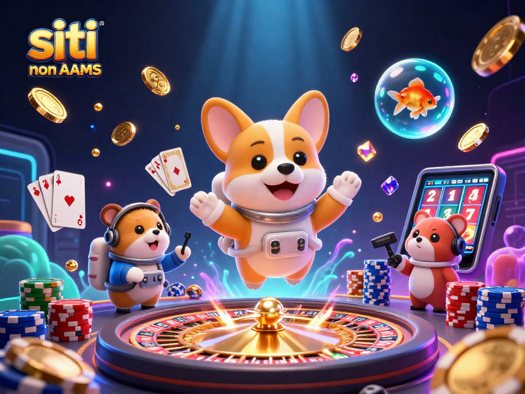 Gioca nei siti casino non AAMS con un corgi astronauta in un casinò spaziale pieno di monete dorate e gemme brillanti.