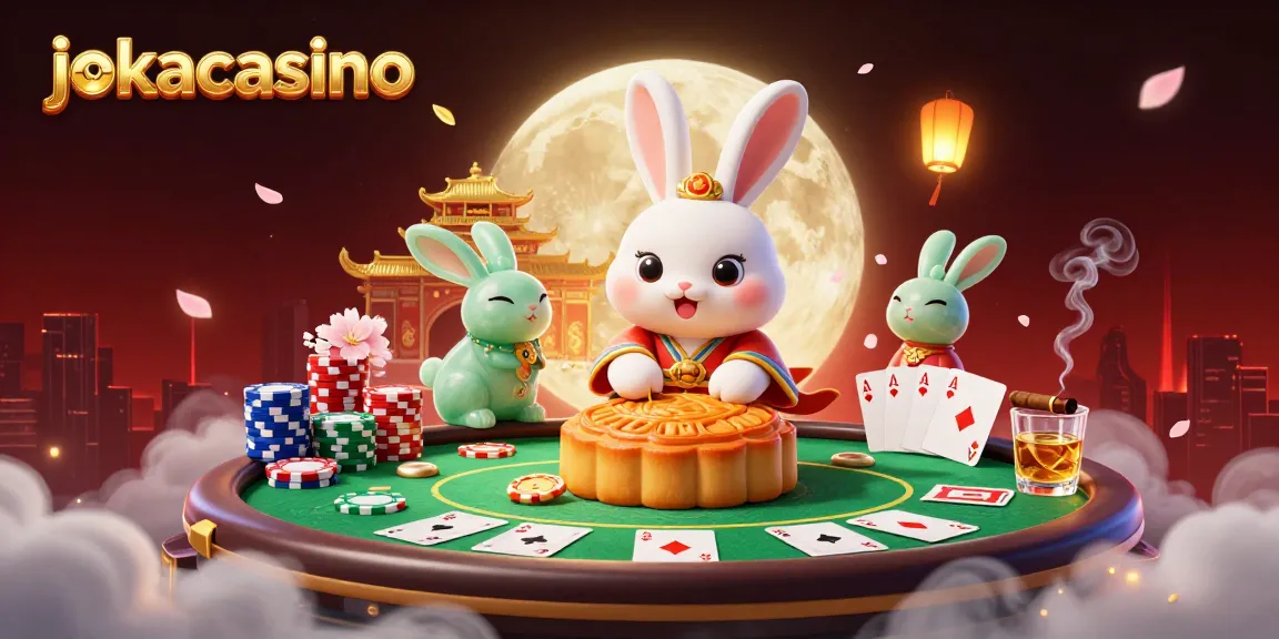 Experience the magic of jokacasino with a vibrant 3D illustration featuring a moon rabbit, poker chips, and casino elements.