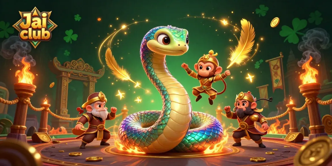 Engage with Jai club's dynamic gaming experience featuring a vibrant scene of a rainbow serpent and monkey king.