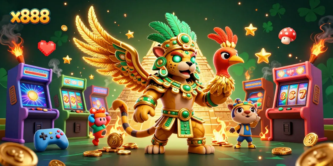 x888 features a Mayan jaguar priest amidst vibrant slot machines and gaming symbols in a dynamic casino scene.