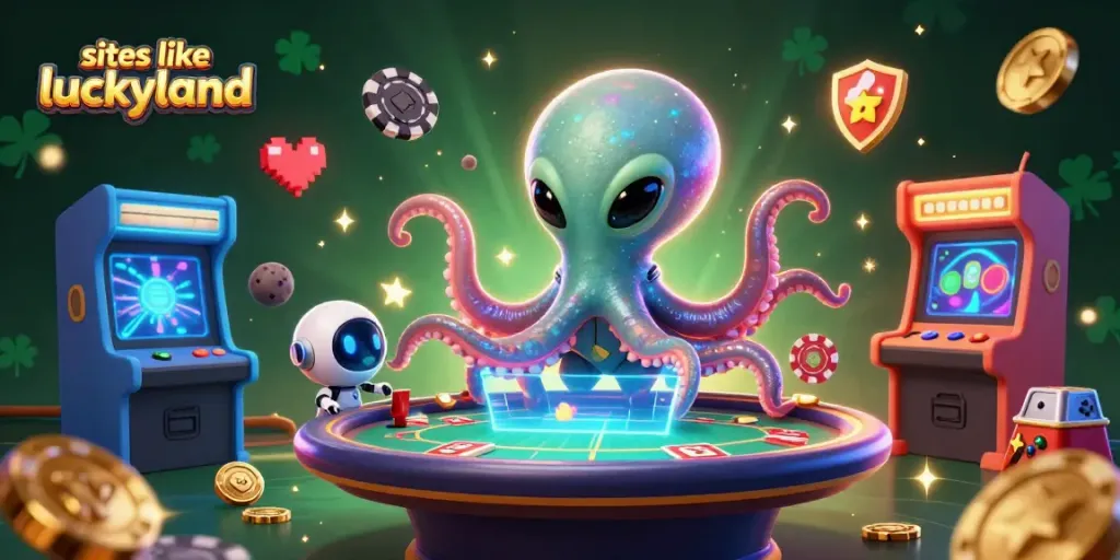 Engage with exciting games like LuckyLand in our vibrant 3D casino scene filled with cosmic elements.