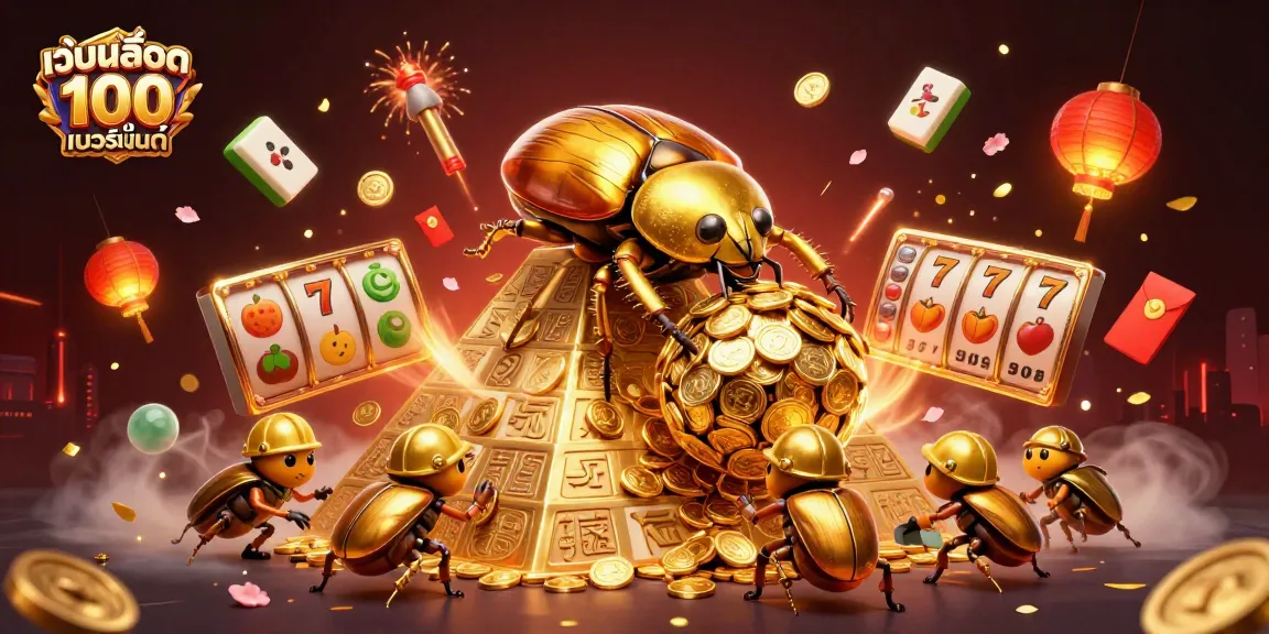 Engage with เว็บสล็อต แท้ 100 เปอร์เซ็นต์ in this vibrant 3D scene filled with dynamic slot reels and golden coins.