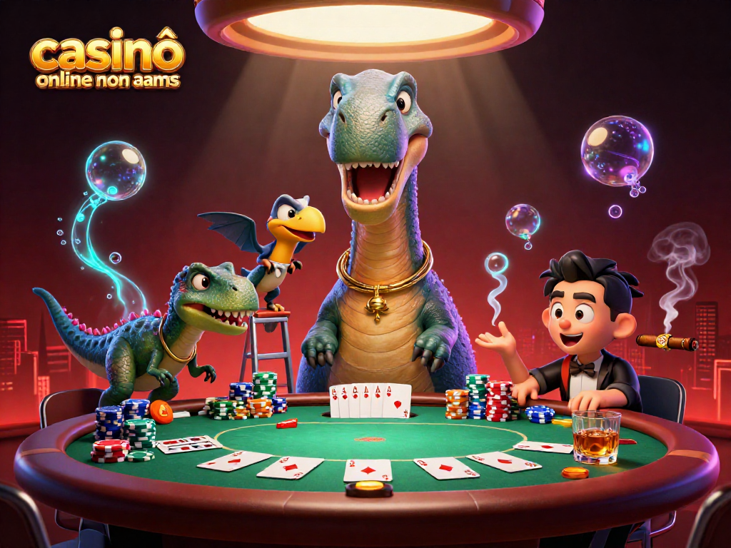 Giocatori si sfidano nei casinò online non AAMS con un brontosauro gigante e un astuto raptor che distribuisce carte.