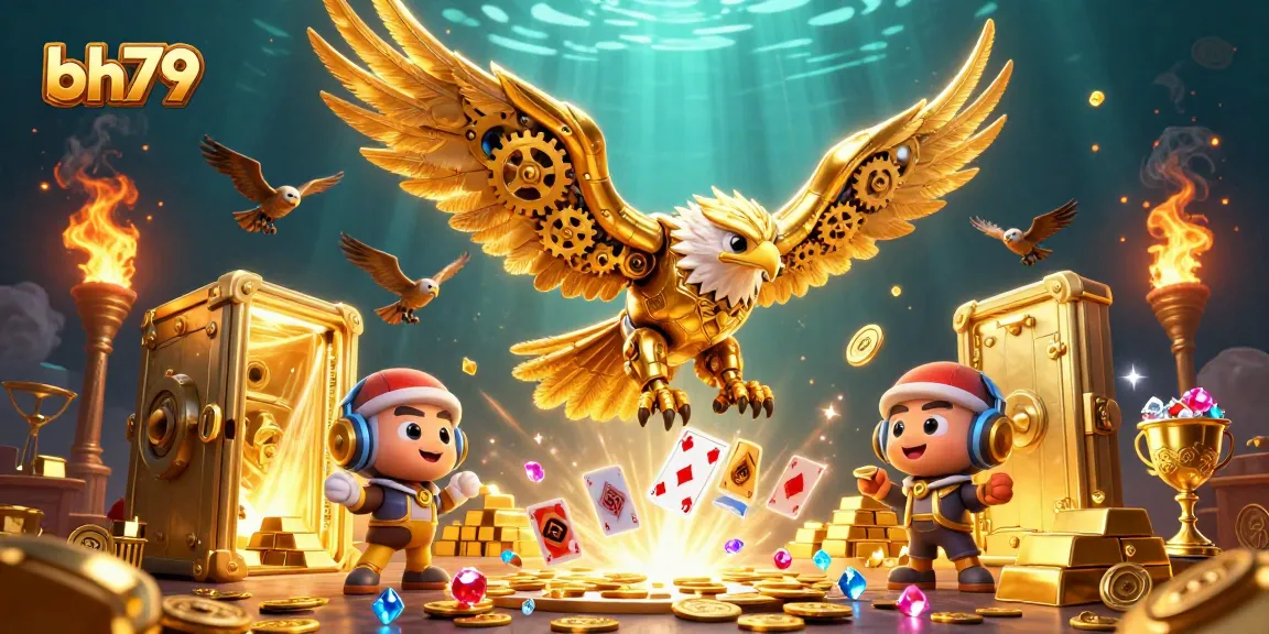 Experience thrilling gameplay with bh79 as the golden eagle dives amidst holographic cards and treasures.