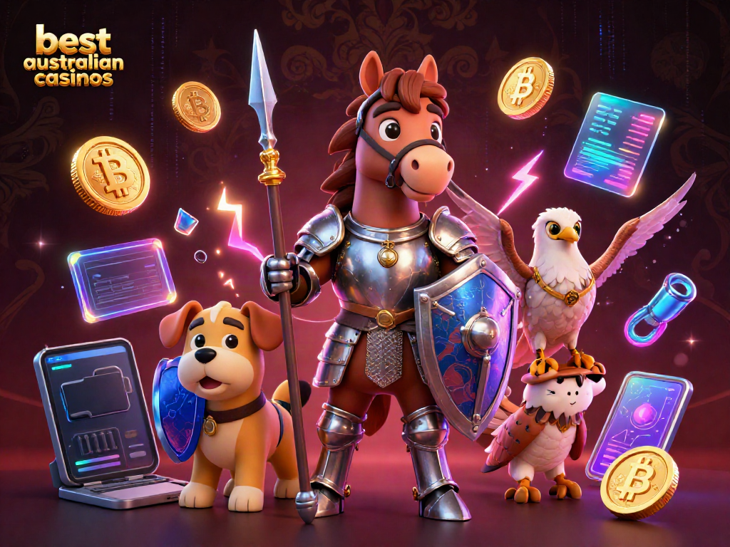 Experience the best Australian casinos with a vibrant 3D scene featuring knights, cryptos, and casino elements.