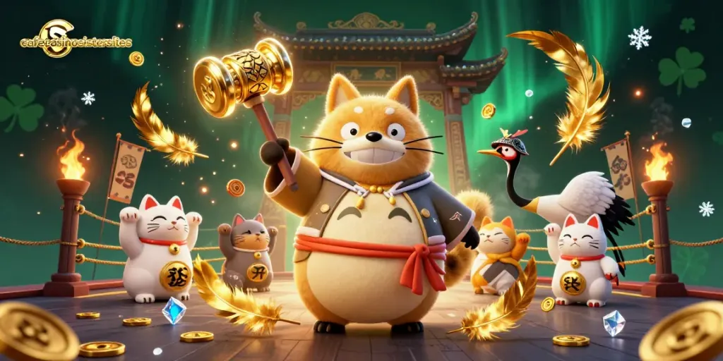 Win big with cafecasinosistersites as cheerful tanuki and friends celebrate casino luck!