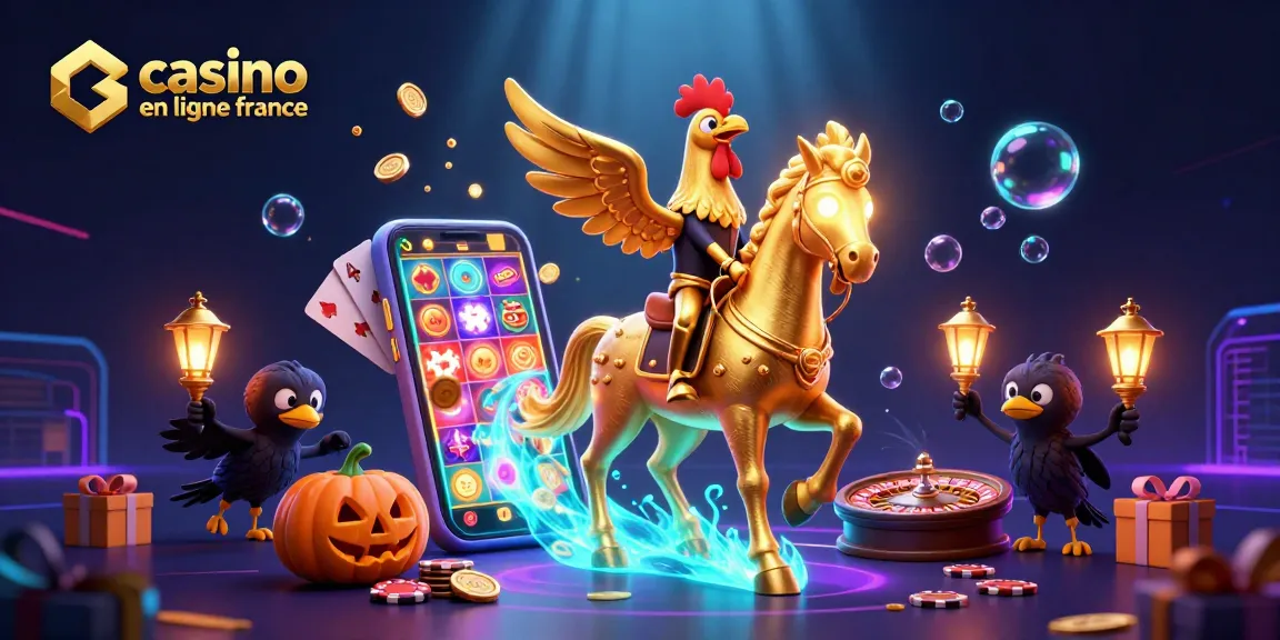 Plongez dans l'univers du casino en ligne France avec un rooster doré et ses compagnons lumineux.