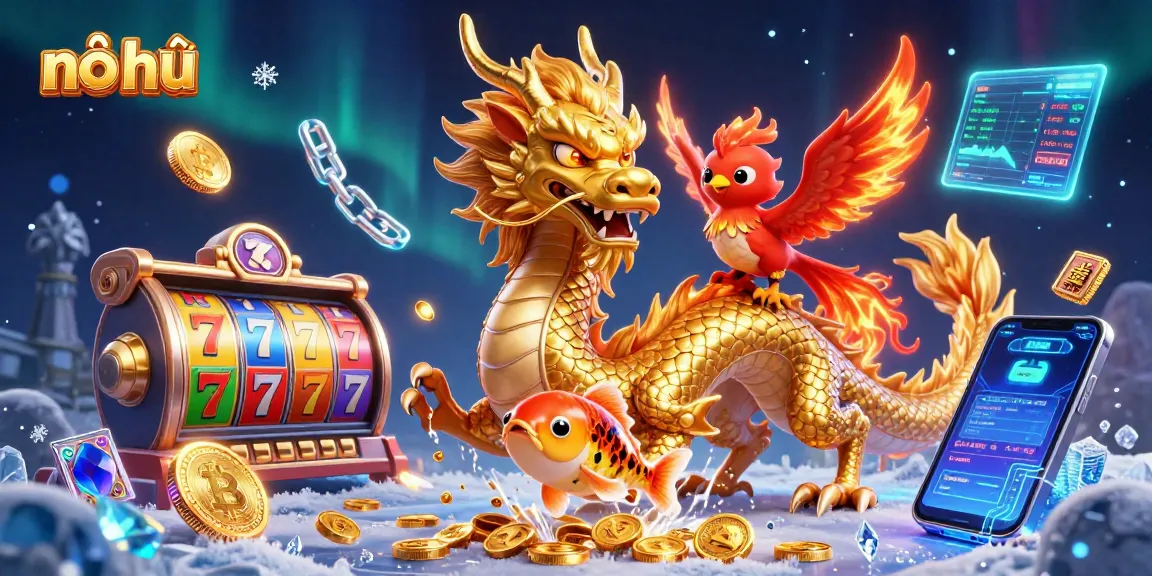 Experience thrilling nổ hũ action with a golden dragon and vibrant slot reels in a dynamic casino scene.