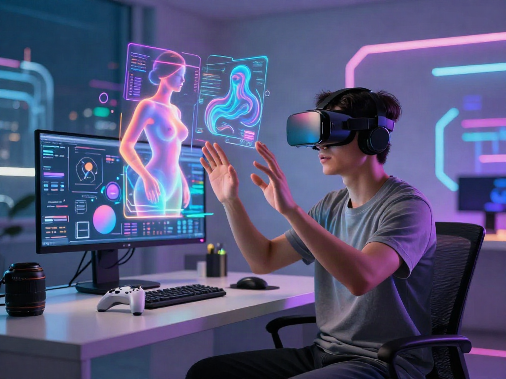 AI porn interaction in a vibrant VR studio showcasing immersive technology and user engagement.