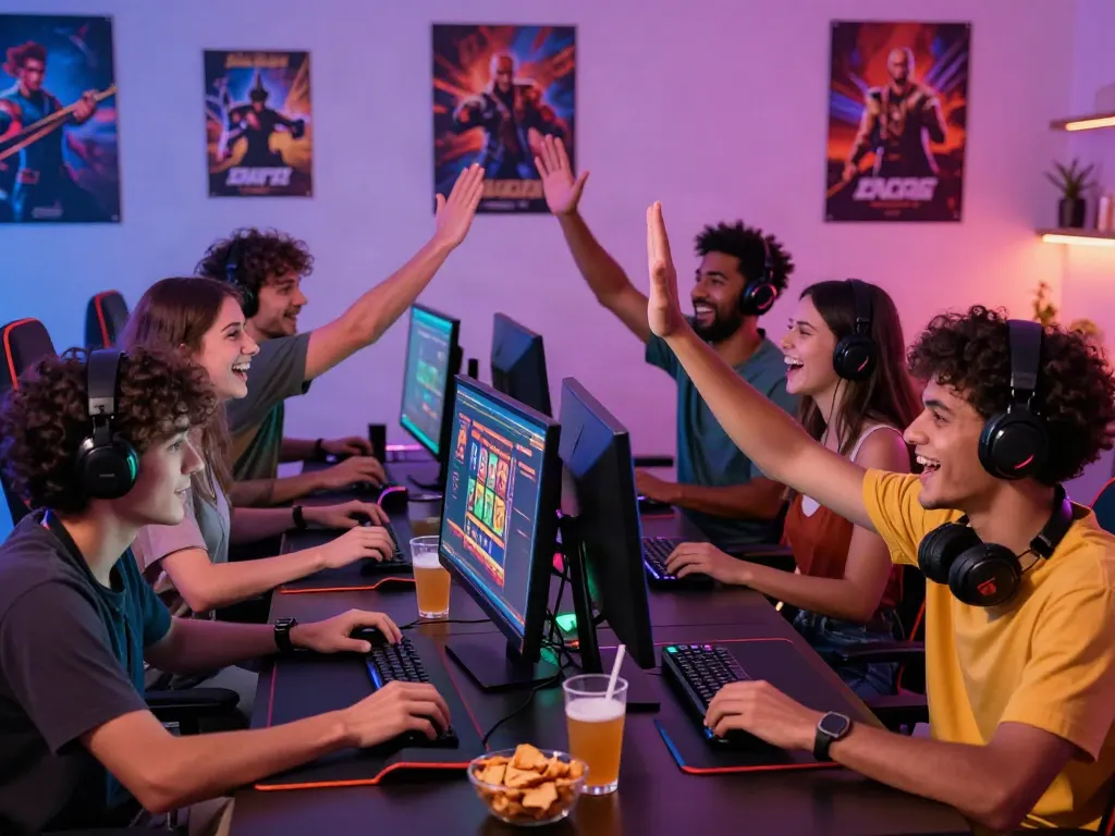 Friends excitedly playing slot gacor games while enjoying snacks and drinks in a lively gaming atmosphere.