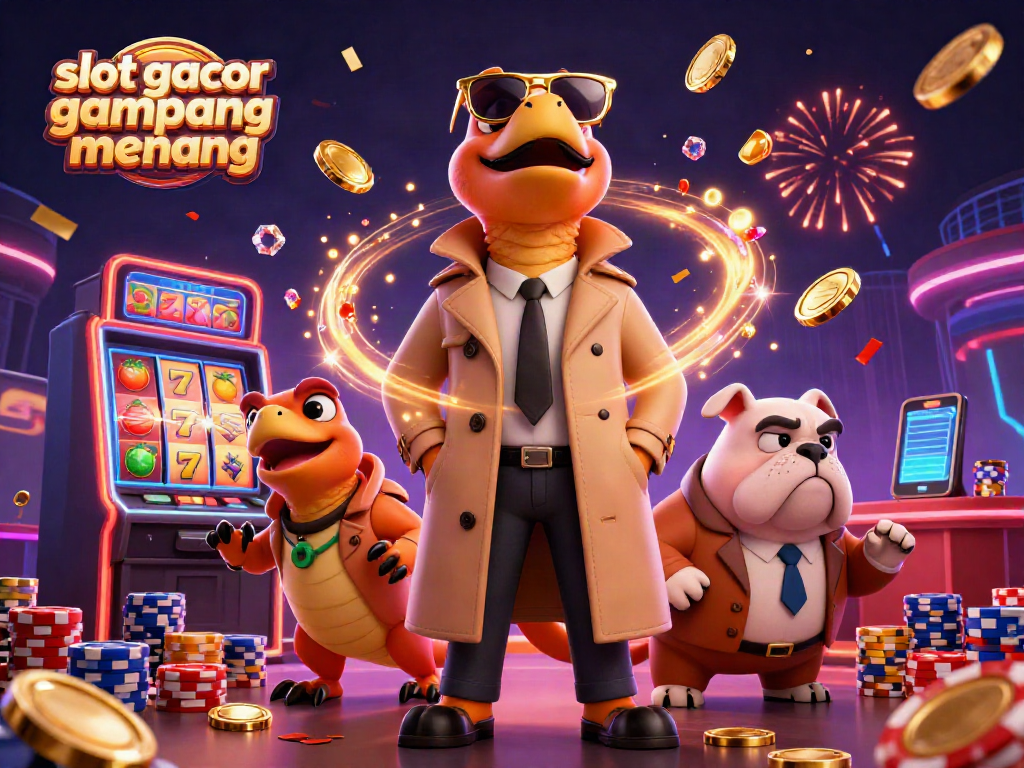 Win big at slot gacor gampang menang with 3D cartoon raptors and casino elements bursting with excitement.