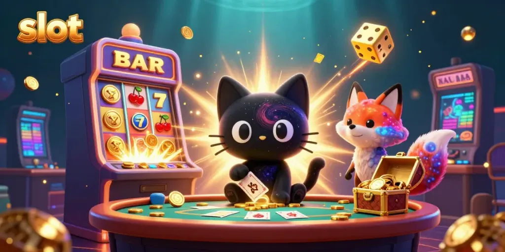 Slot yang mengamati mesin slot mega dengan kucing lubang hitam yang menarik uang, dengan banyak efek keceriaan.