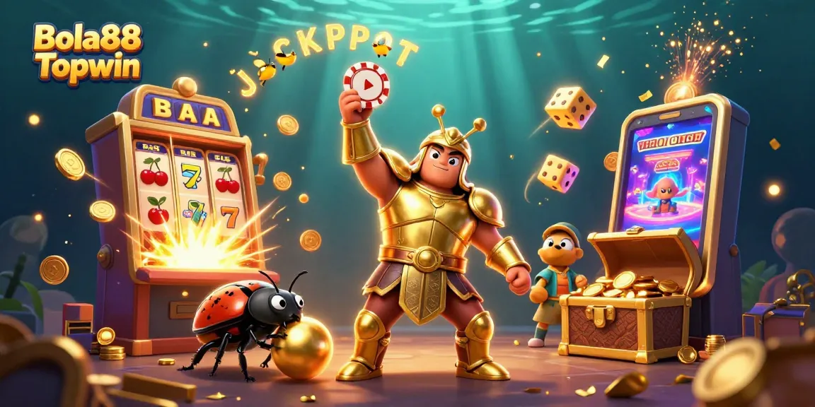 Bola88 Topwin celebrates a big win with vibrant 3D characters and jackpot symbols bursting with excitement.