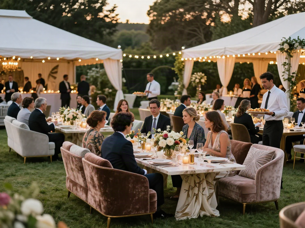 Event furniture rental showcased in an elegant outdoor reception with stylish furnishings and ambiance.