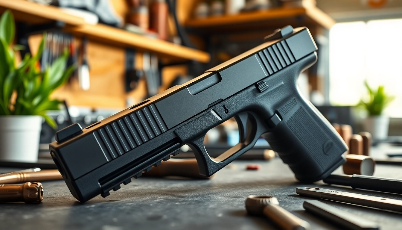 Examine the detailed glock 17 slide showed against a workshop backdrop.