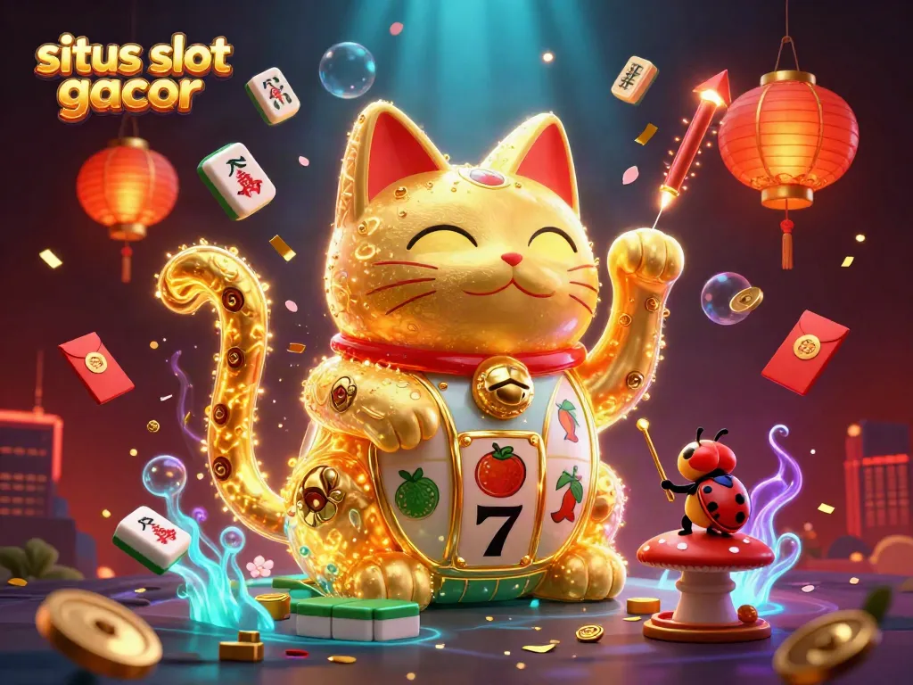 Experience the vibrant action of situs slot gacor with golden fireflies forming a lucky cat amidst explosive casino symbols.