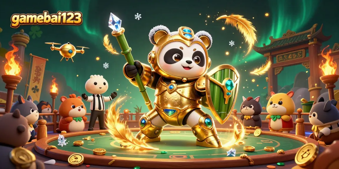 gamebai123 showcases an exciting 3D casino scene with a golden mech panda, engaging in thrilling gameplay