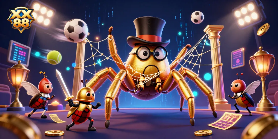 Join the adventure at XX 88 with a golden tarantula and brave beetle knight in a vibrant casino scene.