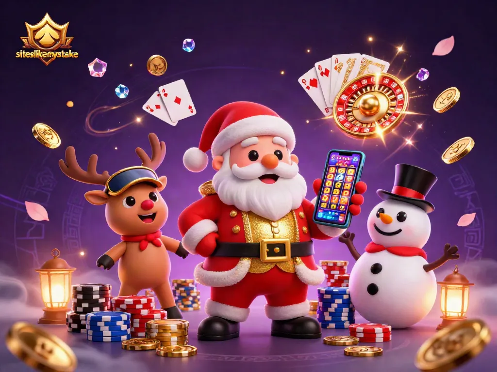 Experience winnings at siteslikemystake with Santa Claus and friends enjoying a vibrant casino scene.