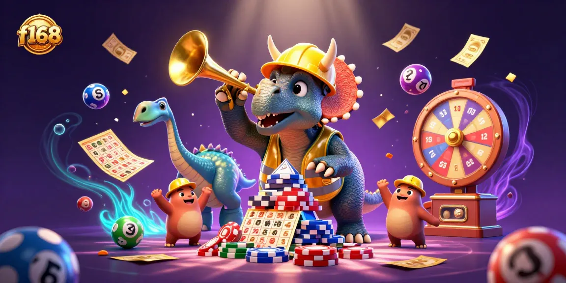 Engage with f168's vibrant illustration of a triceratops building poker chip pyramids in a celebratory casino scene.