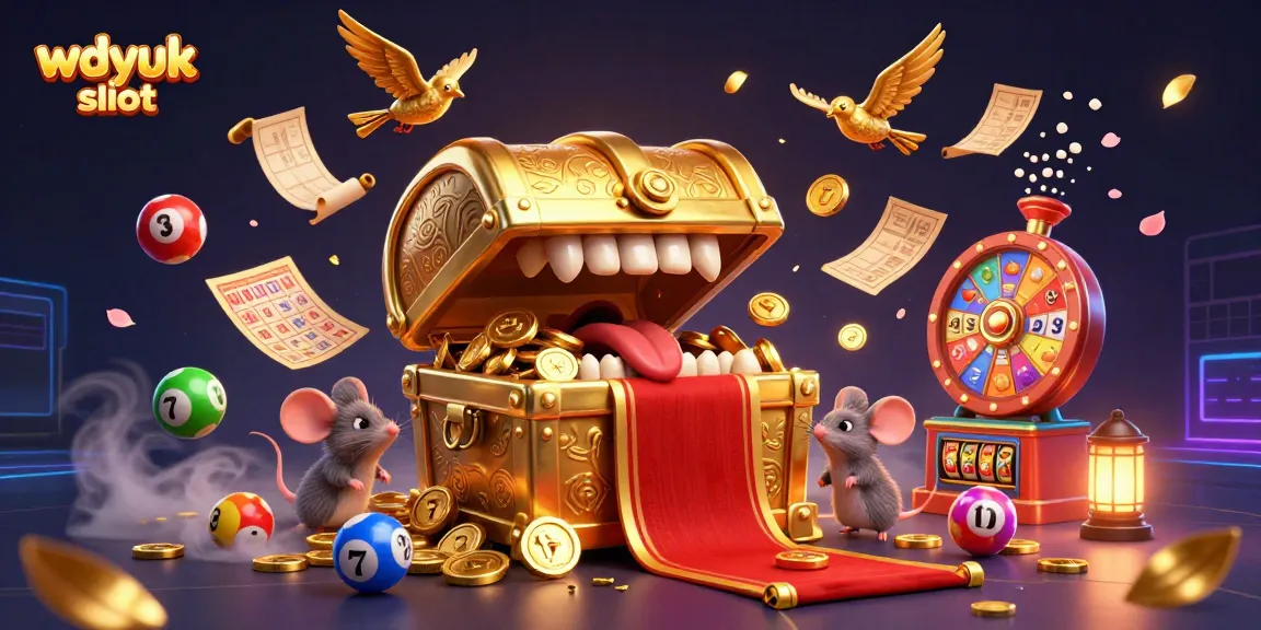 Engage with the vibrant wdyuk slot scene featuring a treasure chest, lottery elements, and dynamic casino visuals.