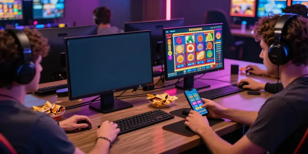 Engaged gamers playing PG SLOT on multiple devices with colorful graphics and snacks.