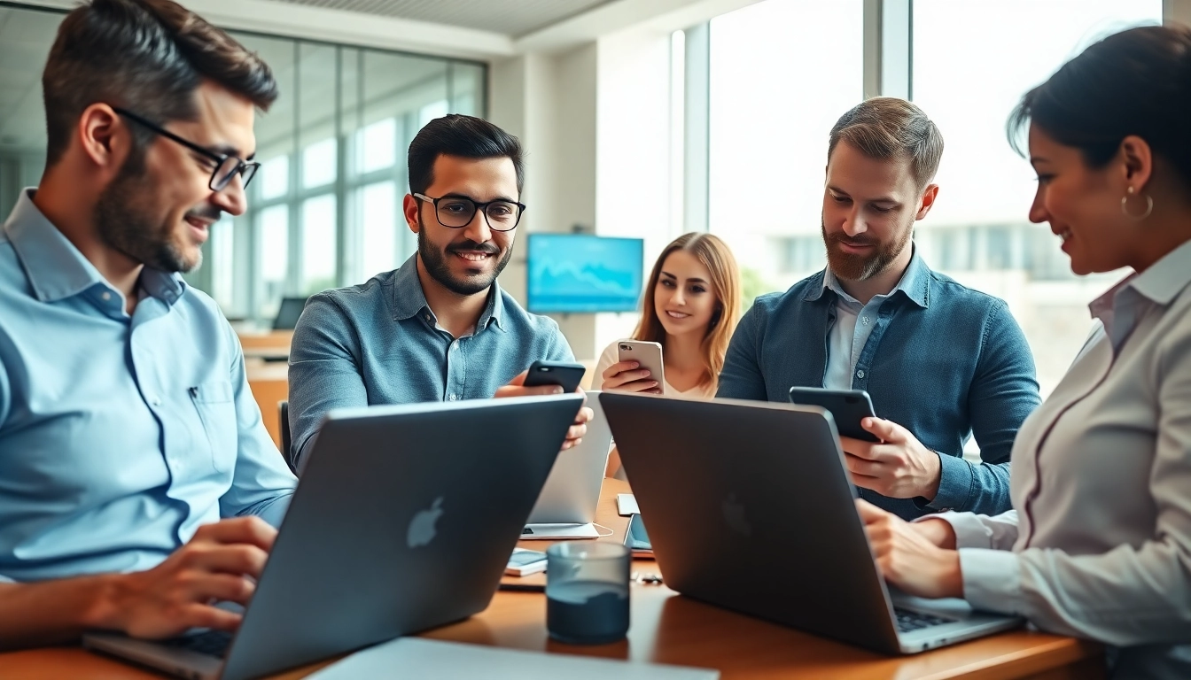 Compare business mobile deals UK in a modern office, showcasing professionals collaborating with devices.
