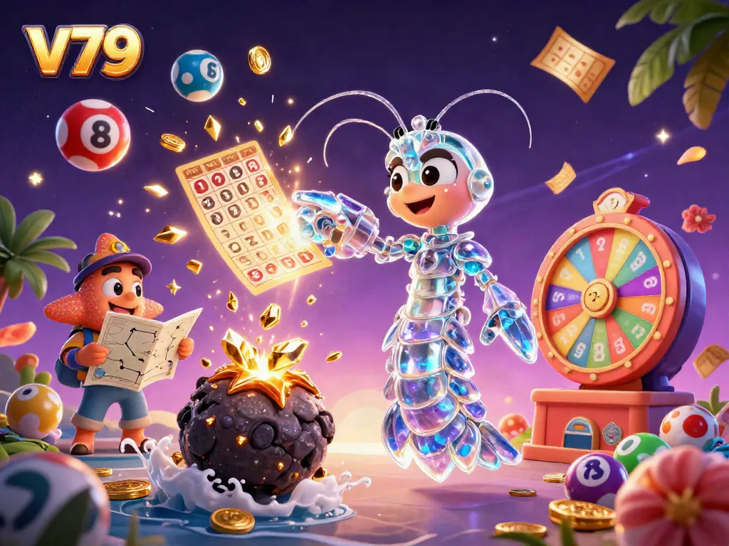Engage in thrilling gameplay at v79, featuring vibrant casino elements like golden tickets and colorful lottery balls.