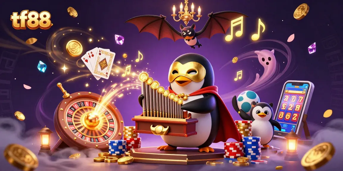 Experience tf88's dynamic gameplay with a penguin organist unleashing golden coins and thrilling casino elements.