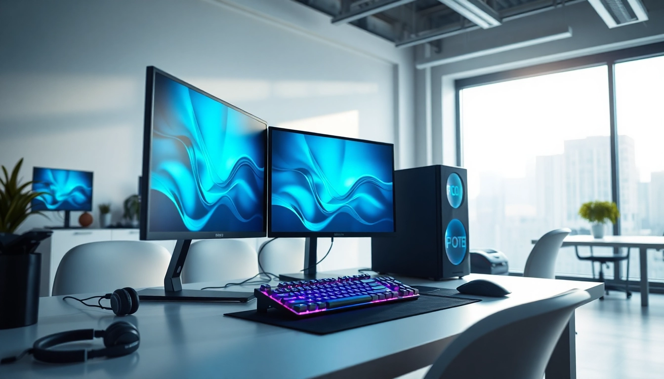 Εργαστηριακό pc με οθόνες και αξεσουάρ στην επιφάνεια εργασίας