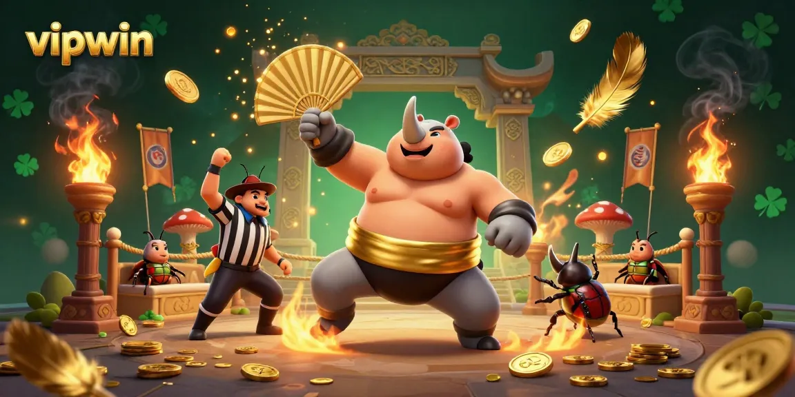 Experience thrilling victories at vipwin with a sumo champion beetle in a vibrant 3D casino scene.