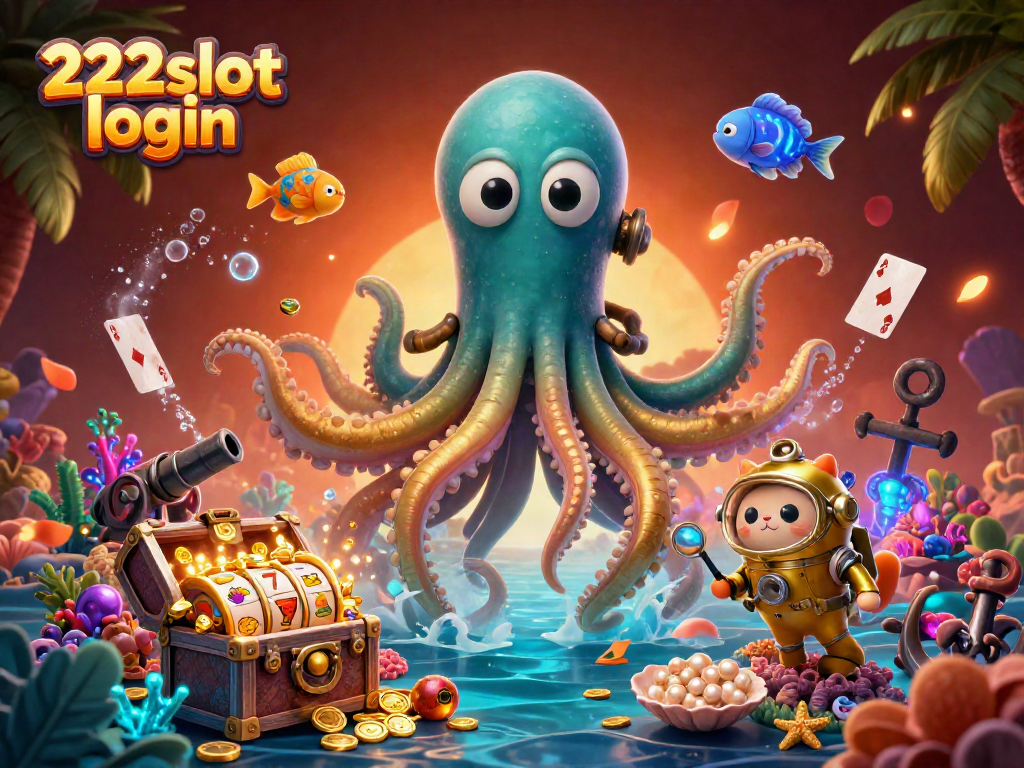 Memenangkan jackpot melalui 222slot login dengan karakter kartun kraken dan peti harta karun.