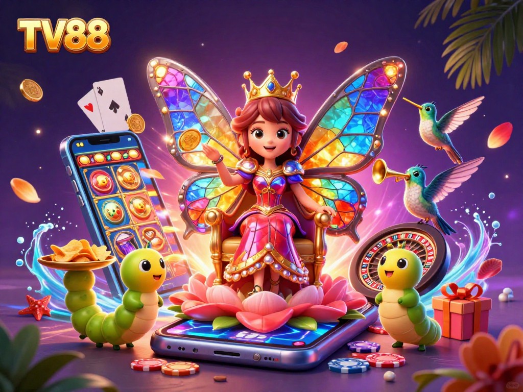 Experience the enchanting world of TV88 with vibrant casino elements and a magical butterfly queen.