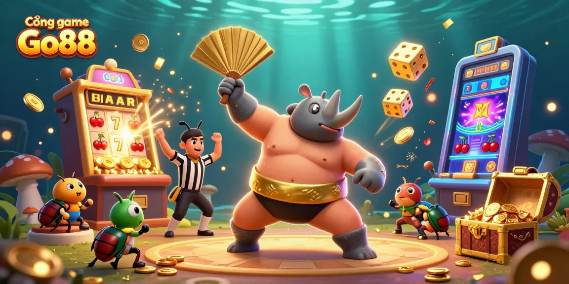 Experience the thrill of Cổng game Go88 with a vibrant 3D illustration featuring a beetle champion and exciting casino elements.