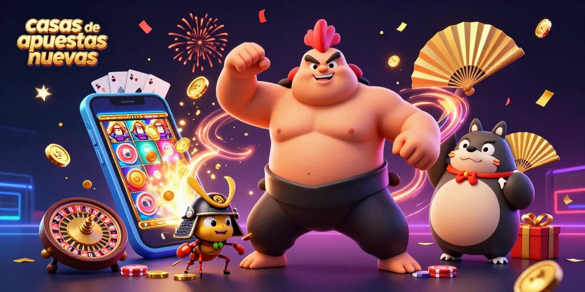Ilustración de casas de apuestas nuevas con un gran luchador de sumo y un grillo en combate.