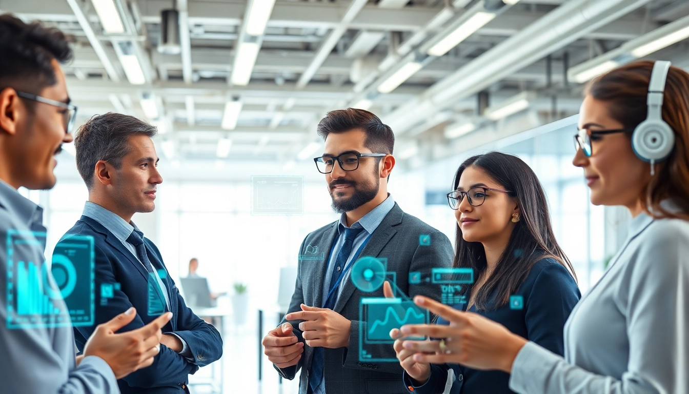 Engaging AI agents collaborating in a high-tech office environment.