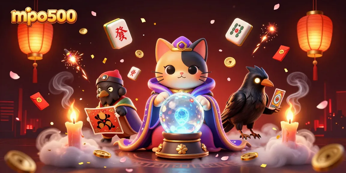 Engage in thrilling gameplay with mpo500, featuring a mystical cat fortune teller and vibrant casino elements.